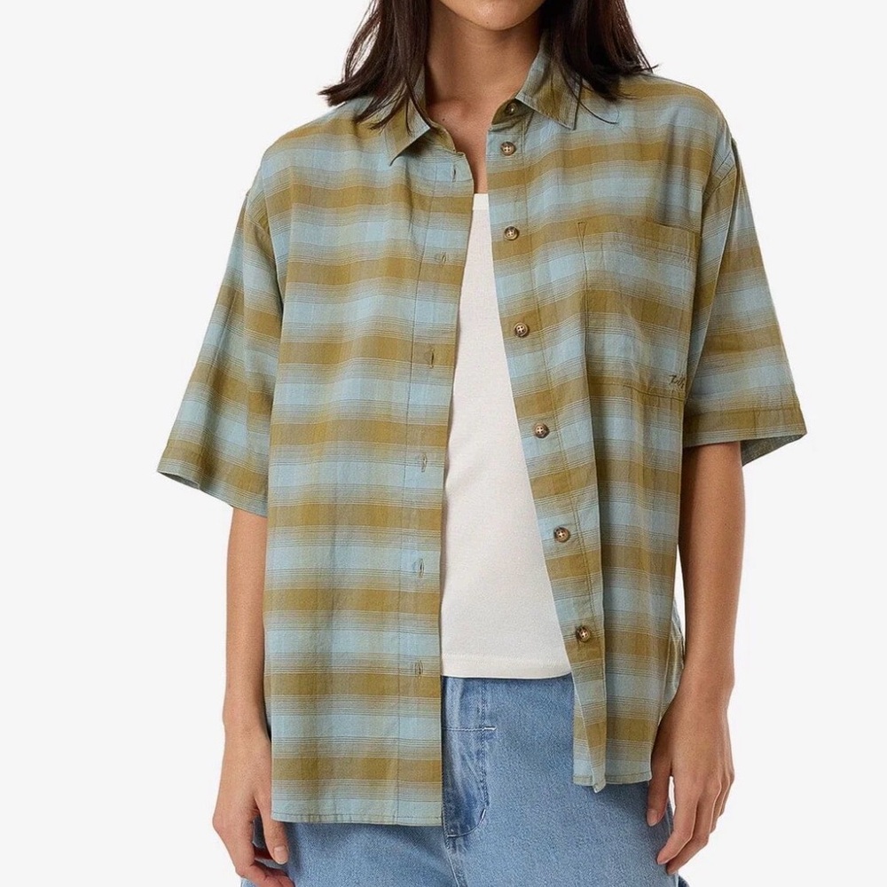 THRILLS Ansley Shirt breezy check pattern in muted blue and olive tones sz M